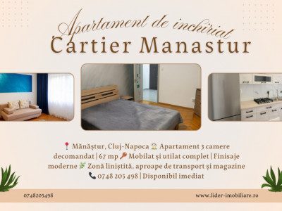 Apartament modern cu 3 camere + balcon, lângă transport și magazine – chirie